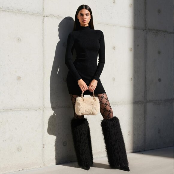 Women's Black Kalstage Fur Knee High Heeled Wide Calf Party Fashion Boots - Picture 6 of 6